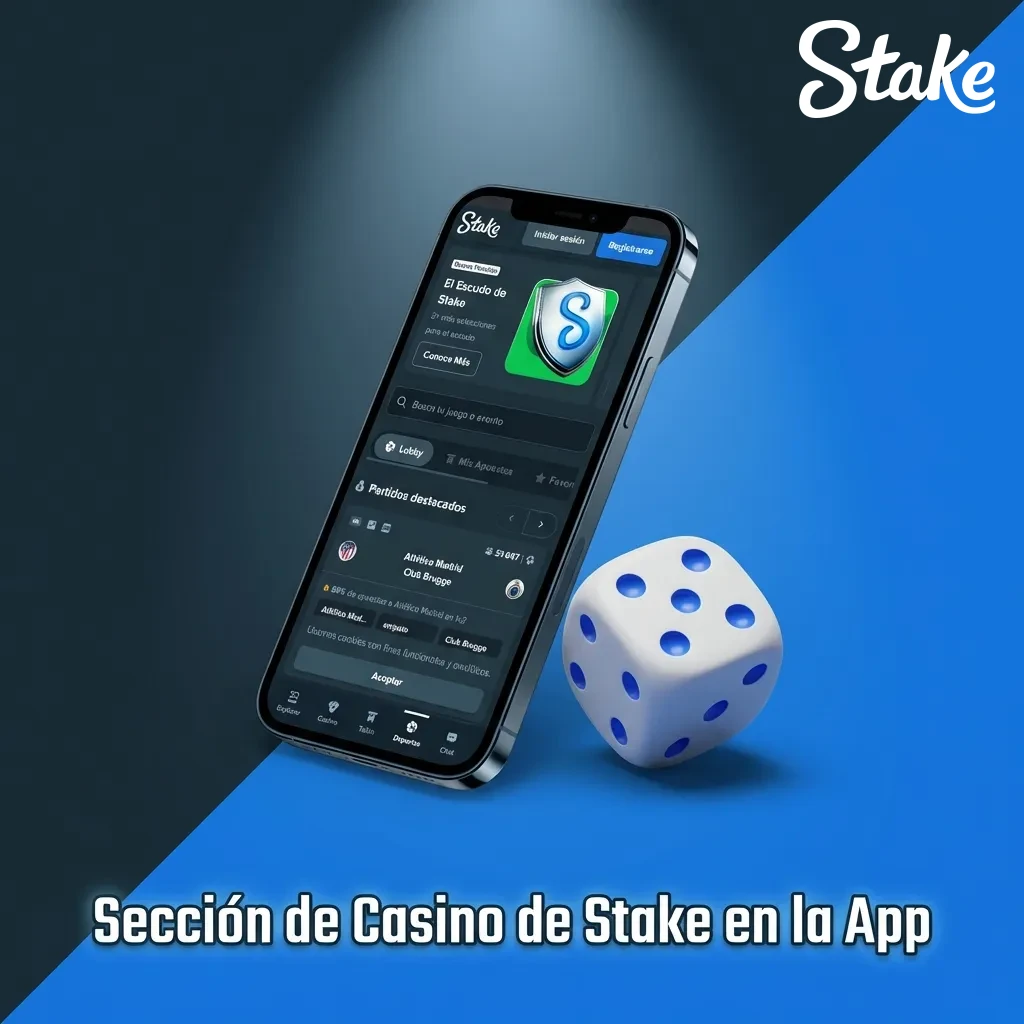 Interfaz de la app de Stake mostrando categorías de casino: slots, juegos en vivo, mesas, originales y jackpots progresivos
